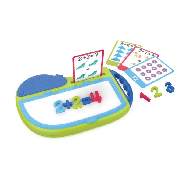 Magnetic math board with colorful plastic numbers, symbols, and illustrated addition and subtraction flashcards.