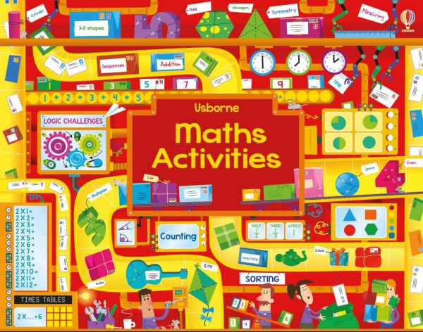 Colorful Usborne Maths Activities book cover with a busy red and yellow scene of clocks, shapes, and math puzzles.