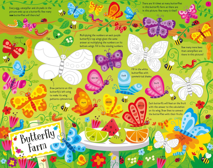 Vibrant activity book page with cartoon butterflies, bees, and fruit, featuring various math and symmetry puzzles.