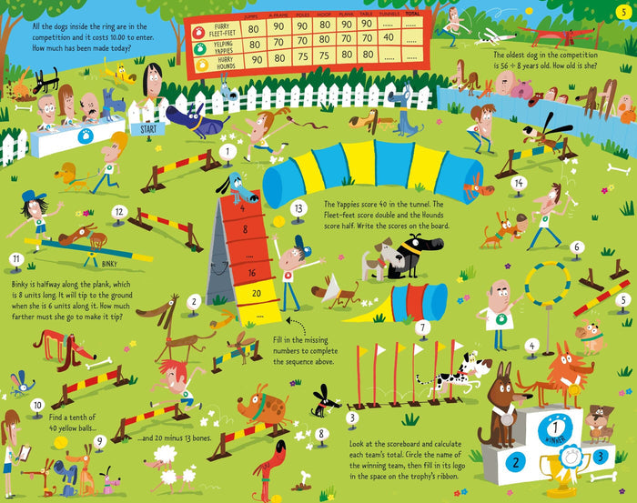 Illustrated dog competition scene with integrated math puzzles, number sequences, and a scoreboard.