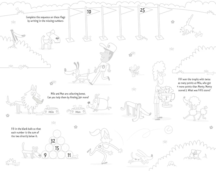 Black and white illustrated math activity page with dog-themed number puzzles, sequences, and word problems.