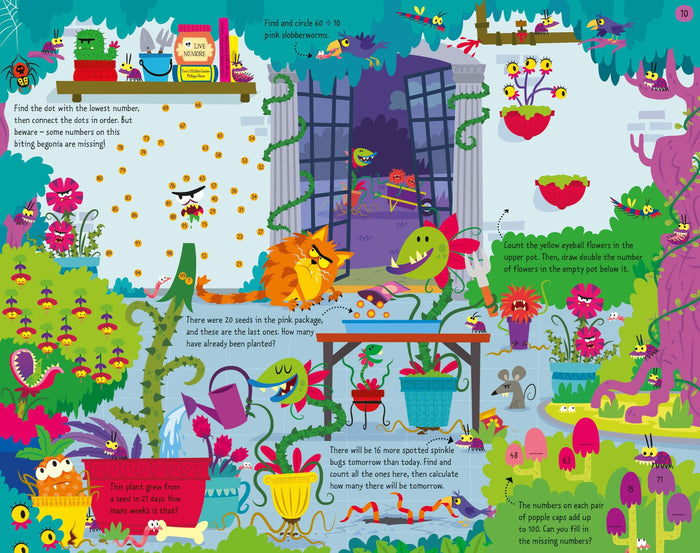 Vibrant monster garden illustration with math puzzles like dot-to-dot and counting in a children's activity book.