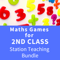 Colorful plastic numbers and math signs on white above a blue banner with white text for 2nd class station teaching.