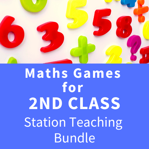 Colorful plastic numbers and math signs on white above a blue banner with white text for 2nd class station teaching.