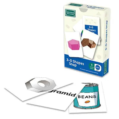 3-D Shapes Snap card game box and cards showing real-life 3D objects like a metal nut and bean can.