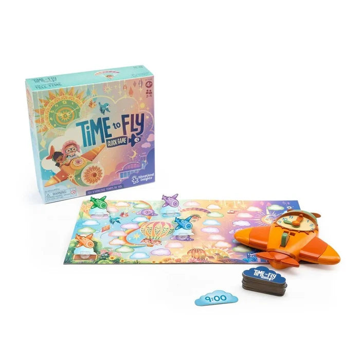 Time to Fly clock game with an orange airplane clock, cloud-themed game board, and colorful plane game pieces.