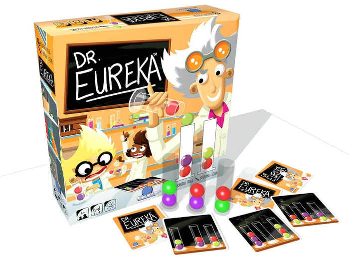 Dr. Eureka board game box with a cartoon scientist, test tubes containing red, green and purple balls, and game cards.