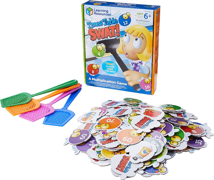 Times Table SWAT multiplication game box, four colorful fly swatters, and a pile of numbered bug-shaped cards.