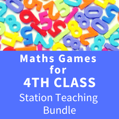 Colorful plastic numbers above a blue block with white text for 4th Class Maths Games Station Teaching Bundle.