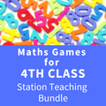 Colorful plastic numbers above a blue block with white text for 4th Class Maths Games Station Teaching Bundle.