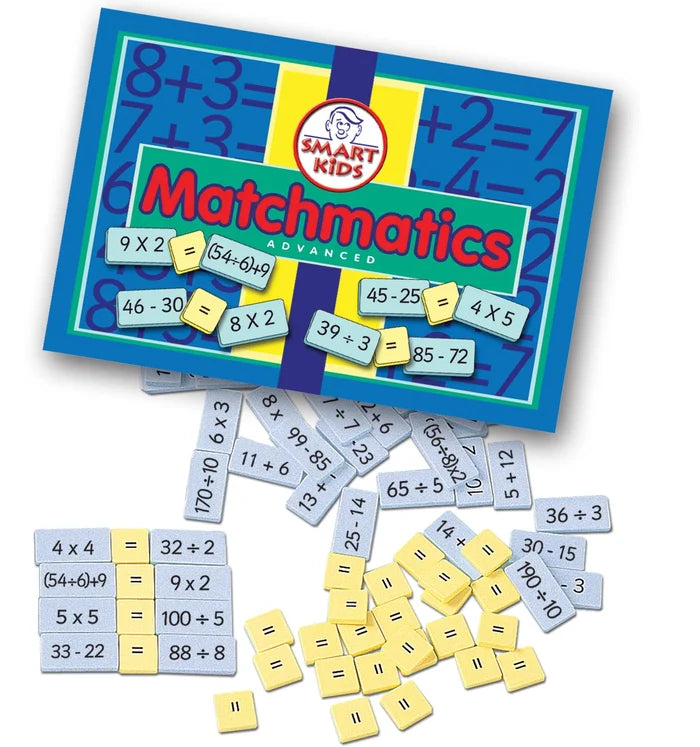 Smart Kids Matchmatics Advanced game with blue rectangular math tiles and yellow equals signs scattered below the box.