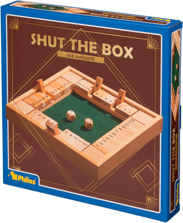 Wooden four-player Shut the Box game box showing numbered flip tiles and dice on a green felt playing surface.