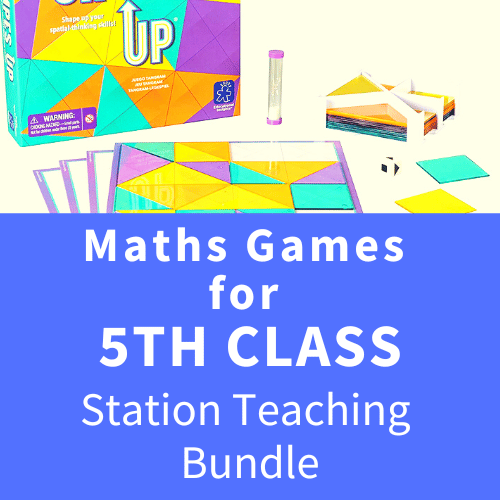 Shape Up math game set with colorful translucent geometric tiles, sand timer, board, and cards on a white background.