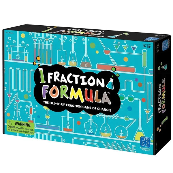 Teal Fraction Formula board game box with science-themed illustrations of colorful flasks and fractions.