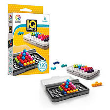 IQ Puzzler Pro box showing colorful bead pieces, gray puzzle trays, and 2D and 3D pyramid challenge options.