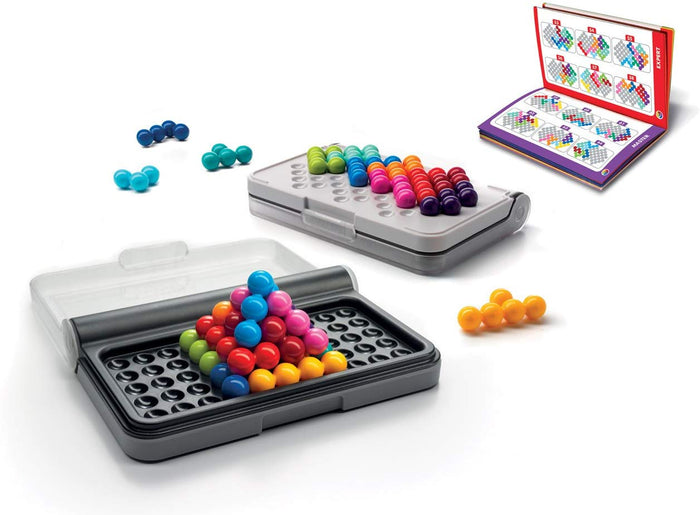 Two gray cases with colorful ball pieces forming 2D and 3D puzzles, shown with an instructional challenge booklet.