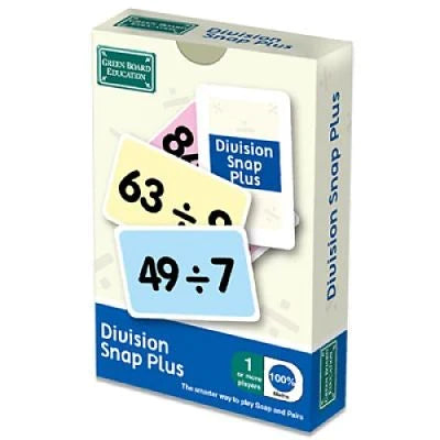 Green Board Education Division Snap Plus box featuring colorful cards with division equations like 63÷9 and 49÷7.