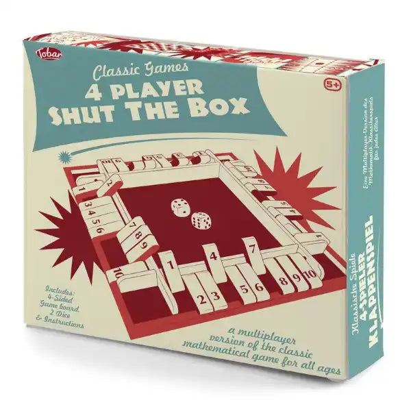 Cream and blue box for 4 Player Shut The Box featuring a red square board with numbered tiles and two dice.