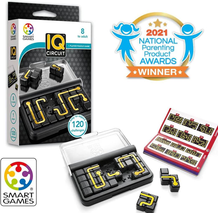 IQ Circuit puzzle game box, black tiles with gold circuit paths, game tray, and challenge book with 120 puzzles.