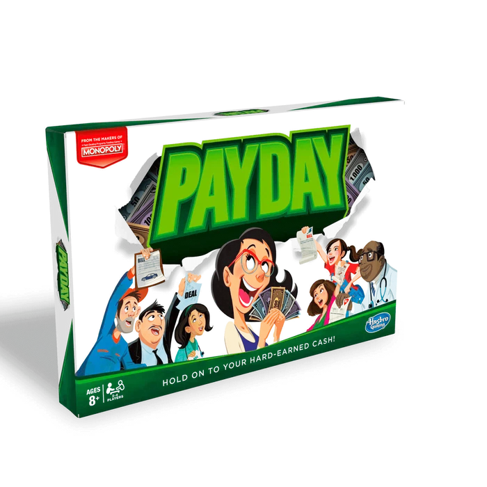 Payday board game box with green lettering and cartoon characters holding cash and bills on a white background.
