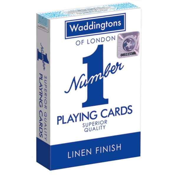 White rectangular box of Waddingtons Number 1 Playing Cards with a large blue number one and Linen Finish label.