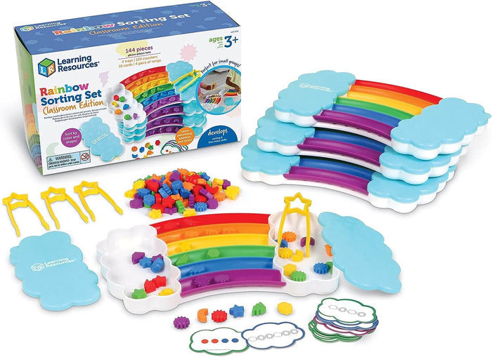 Rainbow sorting set with colorful arch trays, cloud ends, yellow tongs, cards, and assorted colored counters.