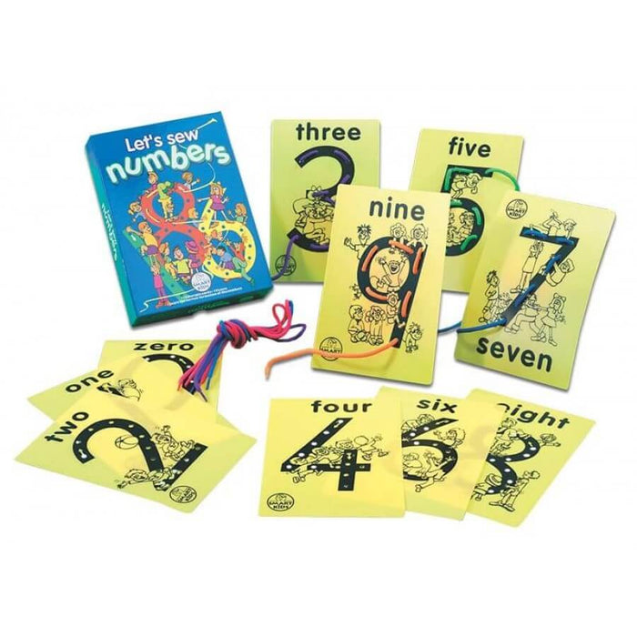 Let's sew numbers kit with yellow cards for numbers zero to nine, colorful threading laces, and a teal storage box.