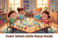 Illustration of four girls playing a spiral board game with animal figures and number cards in a bright classroom.
