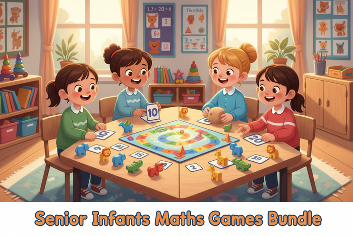 Illustration of four girls playing a spiral board game with animal figures and number cards in a bright classroom.