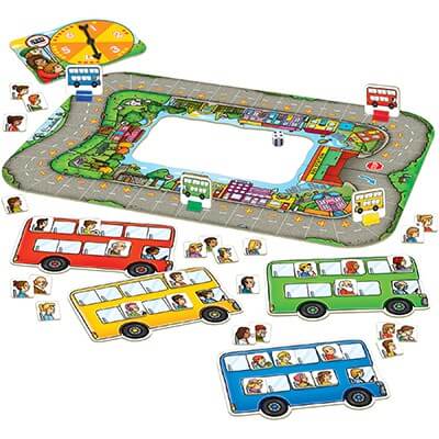 Orchard Toys Bus Stop board game featuring a road track, four colorful bus cards, passenger tiles, spinner, and a die.