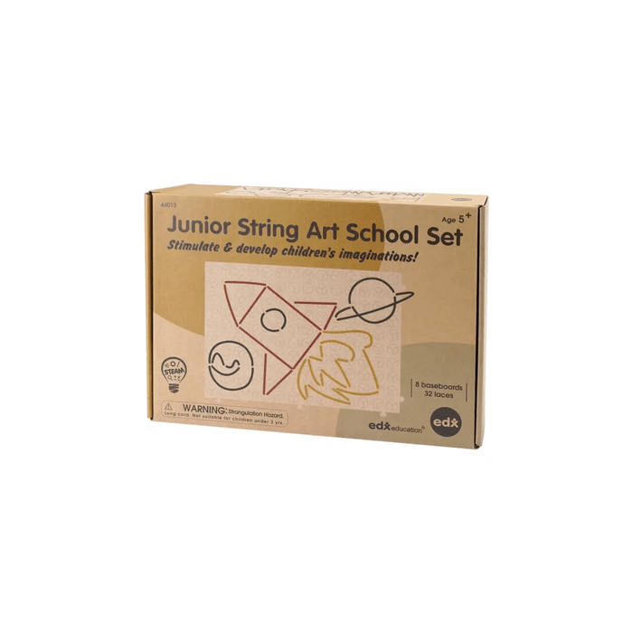 Junior String Art School Set in a brown box with illustrations of a rocket and planets by edx education.