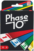 Phase 10 box with white logo on black background and numbered cards fanned over red, blue, green, and yellow stripes.