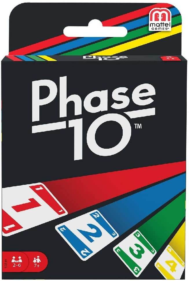 Phase 10 box with white logo on black background and numbered cards fanned over red, blue, green, and yellow stripes.