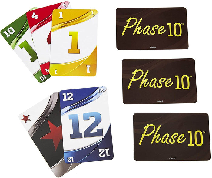 Colorful Phase 10 number and wild cards displayed with three dark brown card backs featuring yellow logos.
