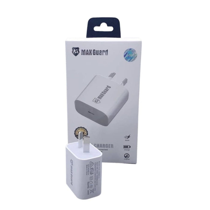 Maxguard Type C power adapter wall plug for NZ/AUS, white charger with USB port for compatible devices.