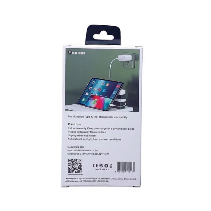 Maxguard Type C power adapter wall plug for NZ and AUS outlets, compact charger for electronic devices.