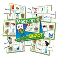 Colorful Measures Bingo game set featuring illustrated grid boards and measurement value cards on a white background.