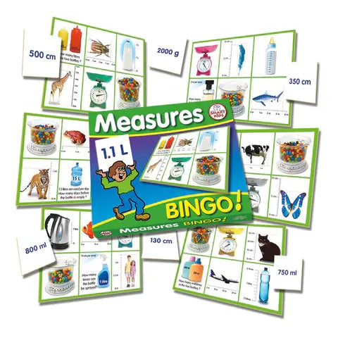 Colorful Measures Bingo game set featuring illustrated grid boards and measurement value cards on a white background.