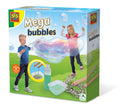 Box art showing two children making a giant rainbow bubble with wooden wands, rope, and green bubble liquid.