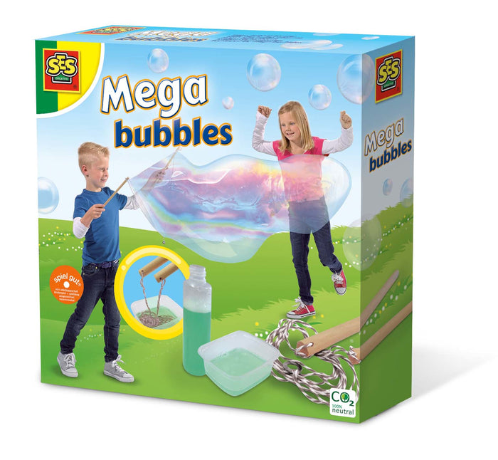 Box art showing two children making a giant rainbow bubble with wooden wands, rope, and green bubble liquid.