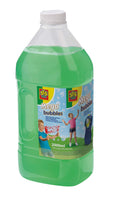 Large 2000ml clear plastic jug filled with bright green bubble solution, featuring a label with children and bubbles.