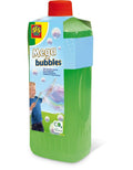 Green bottle of bubble solution with a red cap and a label featuring a boy creating giant soap bubbles.