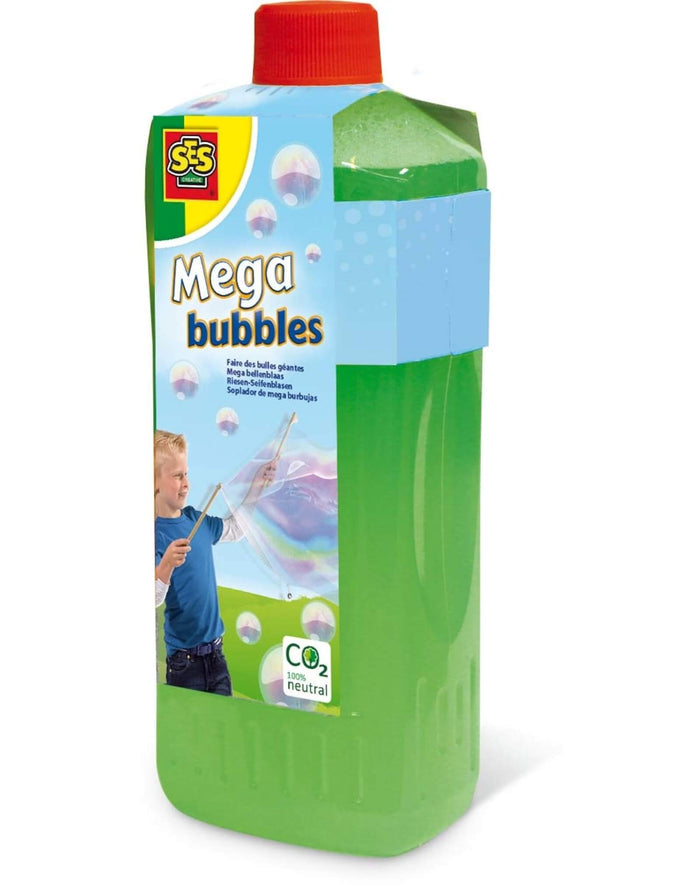 Green bottle of bubble solution with a red cap and a label featuring a boy creating giant soap bubbles.