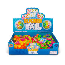 Blue display box filled with neon pink, orange, and green suction cup balls with graphics showing them glowing.