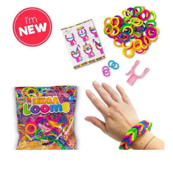 Colorful rubber bands, a pink loom tool, and instructions shown beside a hand wearing a finished fishtail bracelet.