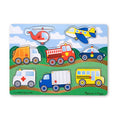 8-piece wooden peg puzzle featuring colorful vehicles like a bus, fire engine, and airplane on a landscape background.