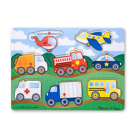 8-piece wooden peg puzzle featuring colorful vehicles like a bus, fire engine, and airplane on a landscape background.
