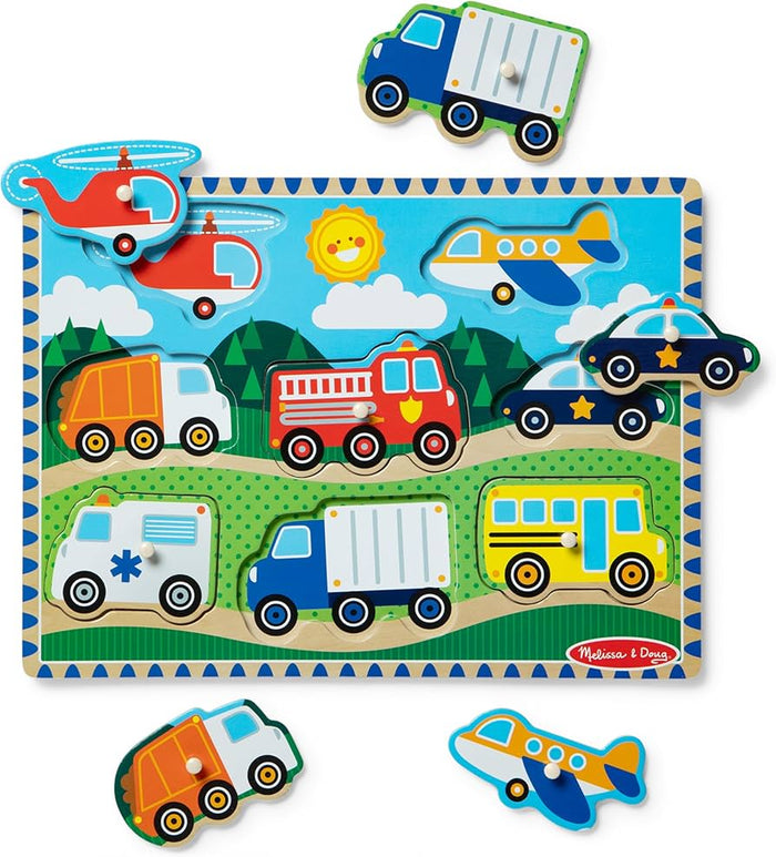 8-piece wooden peg puzzle featuring colorful vehicles like a red fire truck on an illustrated landscape board.