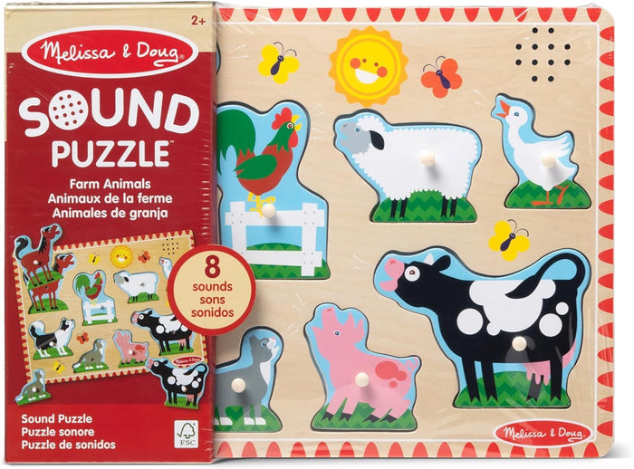 Wooden 8-piece farm animal sound puzzle featuring colorful peg pieces of a cow, pig, and sheep on a wood board.