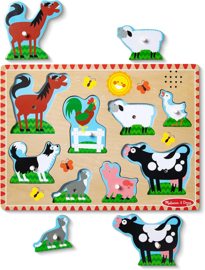 8-piece farm animal wooden puzzle with peg handles and colorful illustrations on a board with a red patterned border.